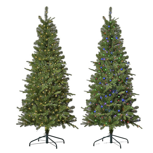 Two artificial Christmas trees with built-in lights; the left tree features warm white lights, and the right tree has multicolored lights.