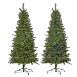 Two artificial Christmas trees with built-in lights; the left tree features warm white lights, and the right tree has multicolored lights.