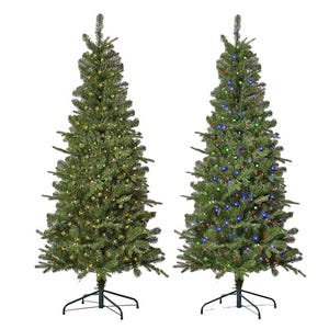 Two artificial Christmas trees with built-in lights; the left tree features warm white lights, and the right tree has multicolored lights.