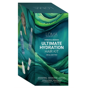 LOMA Ultimate Hydration Hair Kit contains moisturizing shampoo, moisturizing treatment, calming crème, nourishing oil treatment, and a bamboo paddle brush. Suitable for all hair types.