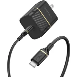 OtterBox 40W USB-C fast charger with cable, black with gold accents, includes wall adapter and USB-C connector.