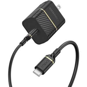 OtterBox 40W USB-C fast charger with cable, black with gold accents, includes wall adapter and USB-C connector.