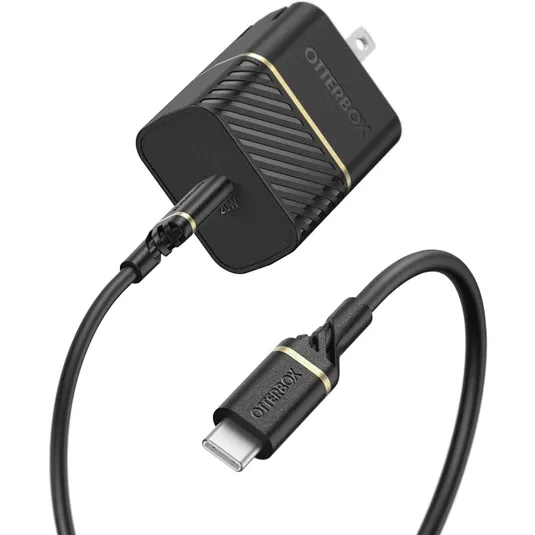 OtterBox 40W USB-C fast charger with cable, black with gold accents, includes wall adapter and USB-C connector.