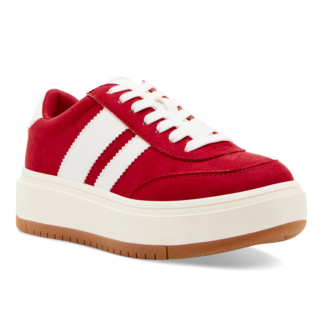 A red sneaker with white laces and stripes, featuring a thick white sole and brown tread.