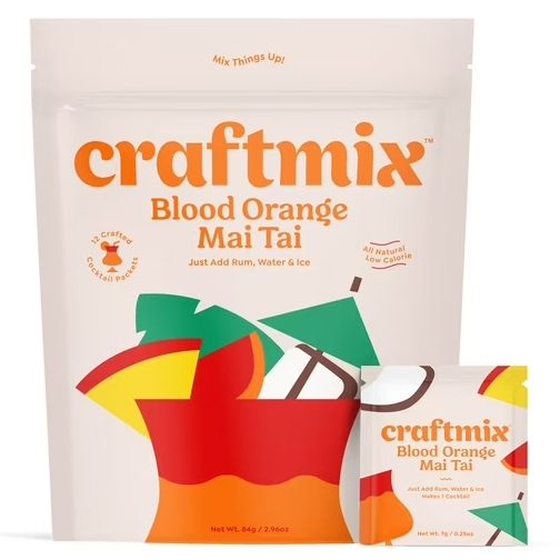 Craftmix Blood Orange Mai Tai 36pk offers cocktail mixers in a package featuring vibrant illustrations of fruit and a cocktail. Just add rum, water, and ice to create an all-natural, low-calorie drink.