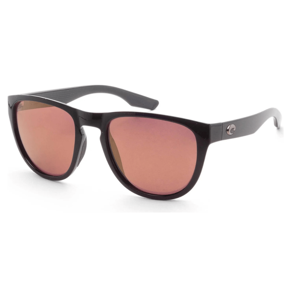 Black-framed sunglasses with pink-tinted lenses and a small silver logo on the temples.