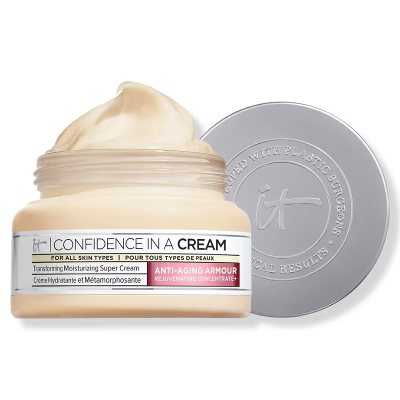 It Cosmetics Confidence in a Cream is a transforming moisturizing super cream designed for all skin types, featuring anti-aging properties.