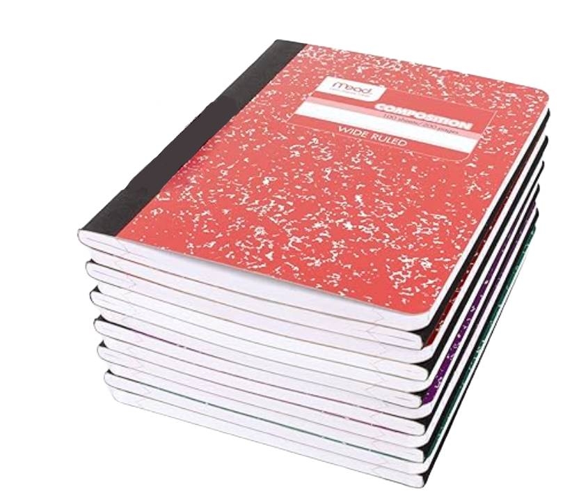 A stack of red marble composition notebooks with wide-ruled pages and a black spine.