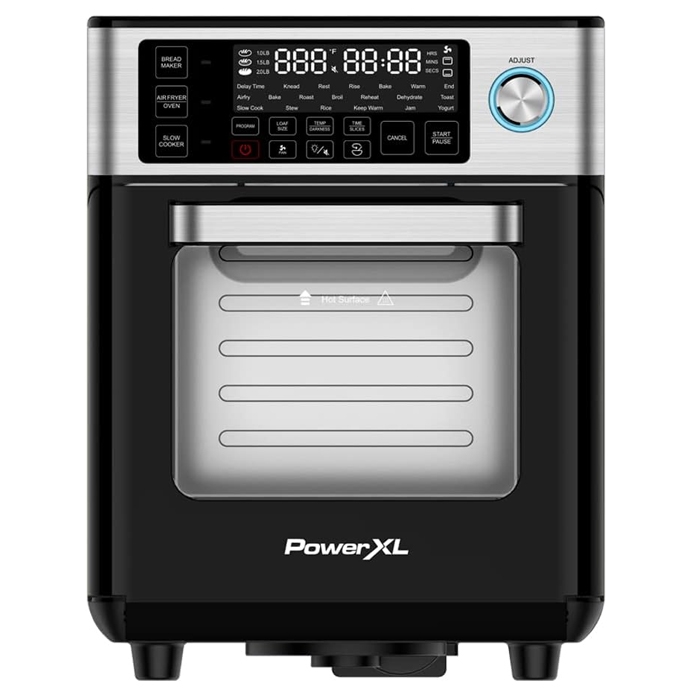 PowerXL 14qt Air Fryer in black features a digital control panel with functions for baking, roasting, dehydrating, and air frying. It includes a large front window and a stainless steel handle.