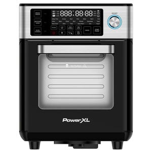 PowerXL 14qt Air Fryer in black features a digital control panel with functions for baking, roasting, dehydrating, and air frying. It includes a large front window and a stainless steel handle.