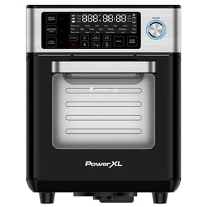 PowerXL 14qt Air Fryer in black features a digital control panel with functions for baking, roasting, dehydrating, and air frying. It includes a large front window and a stainless steel handle.