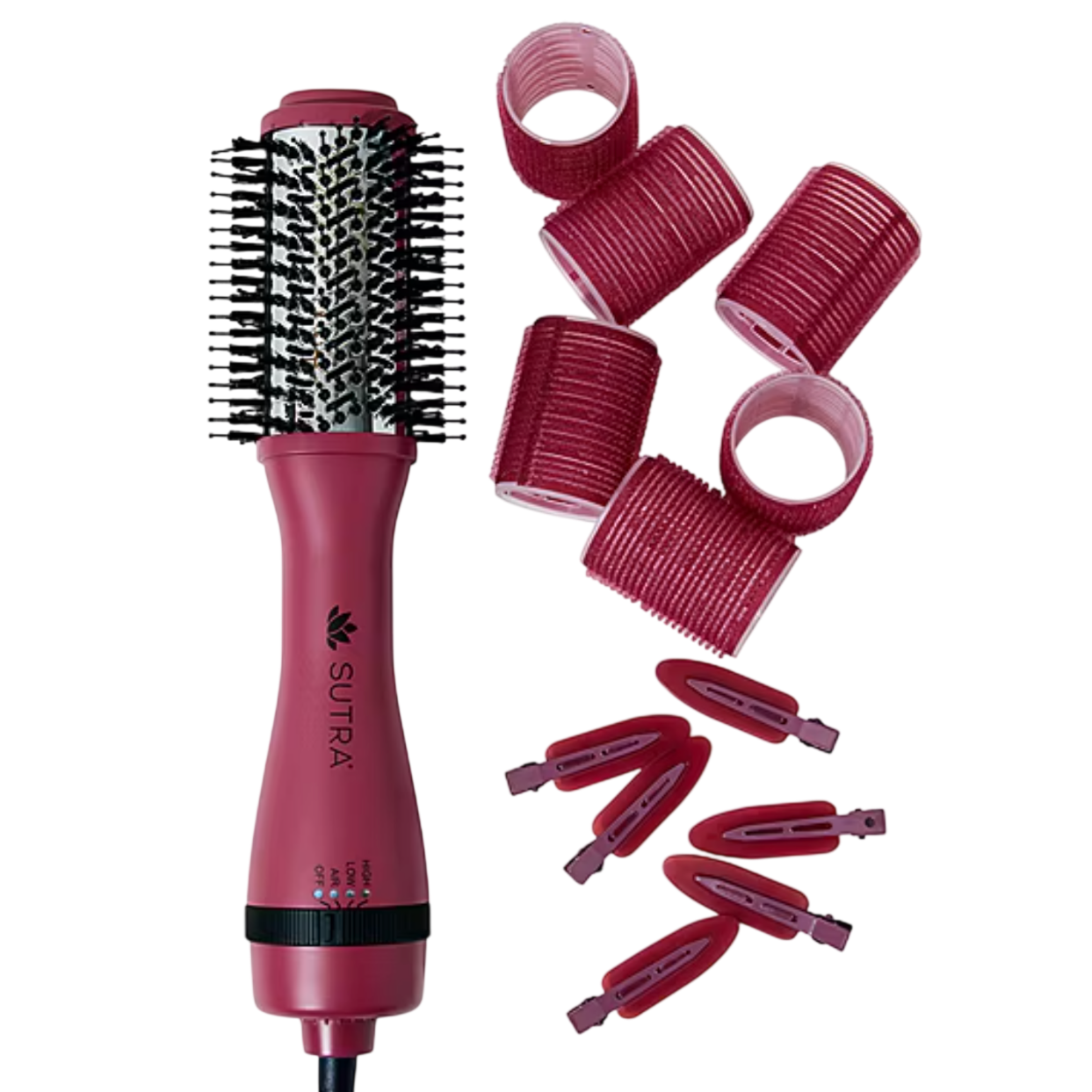 A pink hot air brush with \“SUTRA\“ branding is shown alongside six pink velcro hair rollers and five pink hair clips.