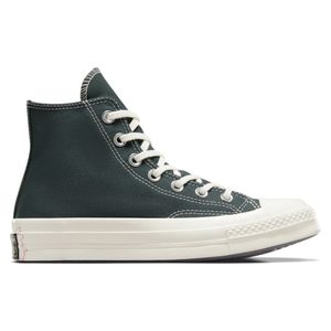Classic Converse Chuck Taylor High Top sneaker in a dark green canvas material with white laces and stitching, featuring a white rubber toe cap and sole.