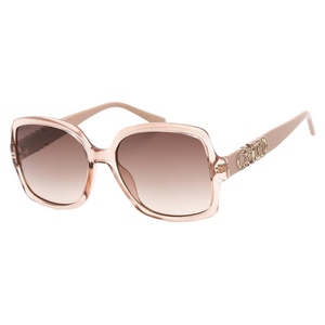 Pink square sunglasses with gradient brown lenses and gold \“CH\“ logo on the arms.