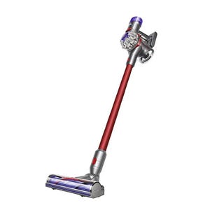 Dyson V8 Cordless Vacuum features a sleek design with a long red wand and a motorized brush head for efficient cleaning. It’s lightweight and versatile, suitable for various surfaces with a detachable handheld option for easy maneuvering.