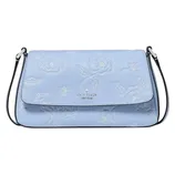 A light blue leather shoulder bag with a floral embossed pattern and a flap closure, featuring a thin strap and the Kate Spade New York logo on the front.