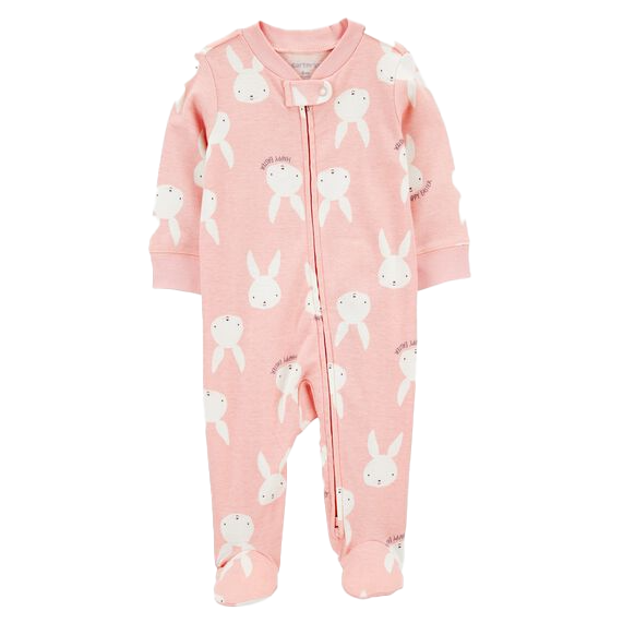 Pink long-sleeve baby sleeper featuring a white bunny pattern, with a diagonal zipper and snap closure at the collar, designed with footed bottoms for warmth and comfort.