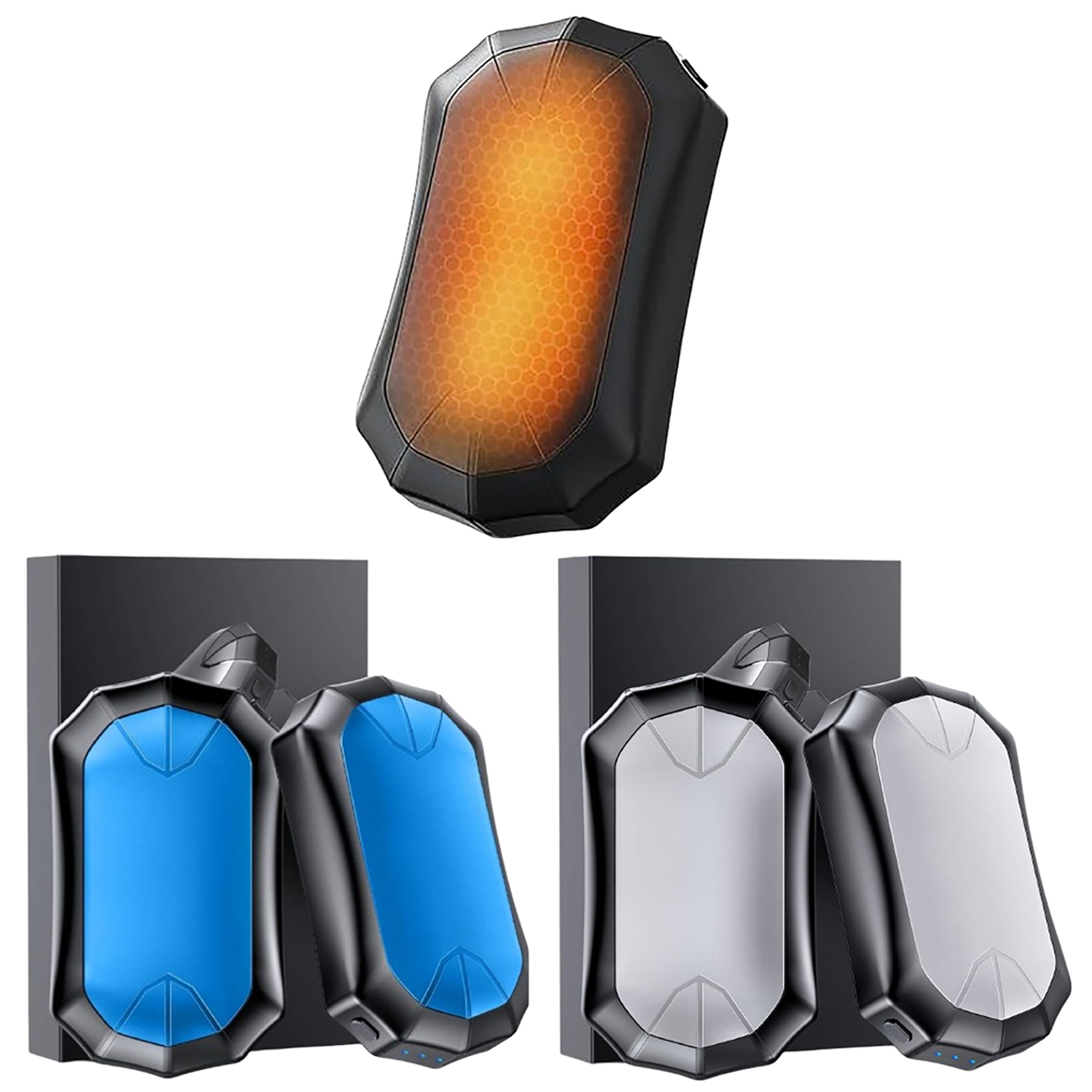 Portable car air purifiers in black housings with vibrant center panels: orange, blue, and silver. They feature a compact, angular design and are equipped with charging indicators.
