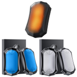 Portable car air purifiers in black housings with vibrant center panels: orange, blue, and silver. They feature a compact, angular design and are equipped with charging indicators.