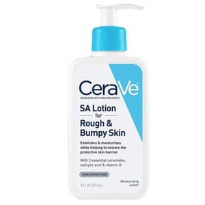 CeraVe SA Lotion for Rough & Bumpy Skin exfoliates and moisturizes while restoring the skin barrier, featuring ceramides, salicylic acid, and vitamin D. Comes in an 8 fl oz (237 mL) bottle.