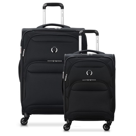 Two black Delsey Paris suitcases with multiple front pockets and four spinner wheels, featuring retractable top and side handles, plus a logo near the top front.