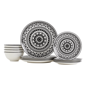 Set of black-and-white dinnerware featuring intricate geometric patterns, including large plates, small plates, and bowls.