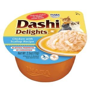 Inaba Dashi Delights, Chicken with Scallop Recipe, is a 2.5oz (70g) cat food side dish featuring delicate flakes in a silky dashi broth, with no artificial preservatives or carrageenan, and added Vitamin E.