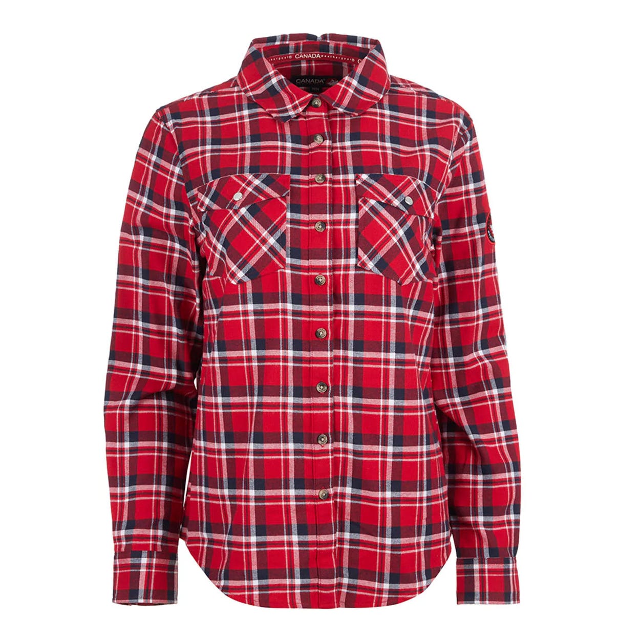 A red and black plaid button-up shirt with two chest pockets and a collar.