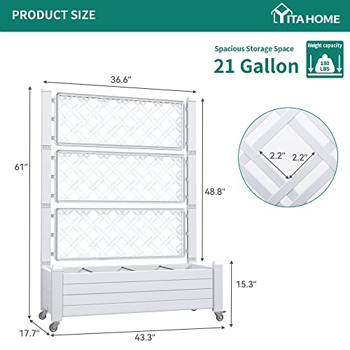 Vertical planter with trellis, dimensions: 61\“H x 36.6\“W x 17.7\“D, 21-gallon capacity, weight capacity 180 lbs.