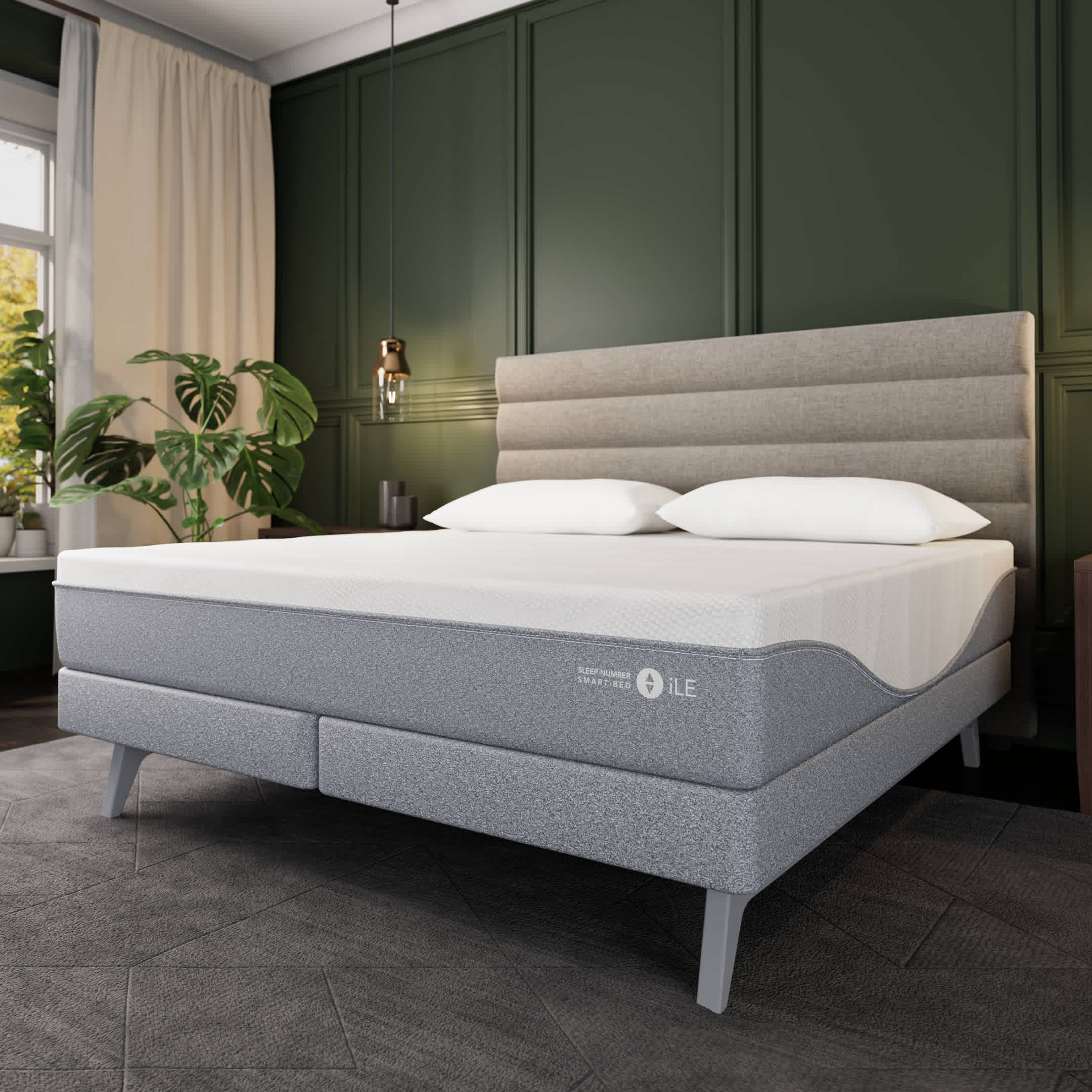A grey Sleep Number 360 Smart Bed with a modern design and layered mattress is shown in a stylish bedroom with a tufted headboard, potted plant, and dark green walls.