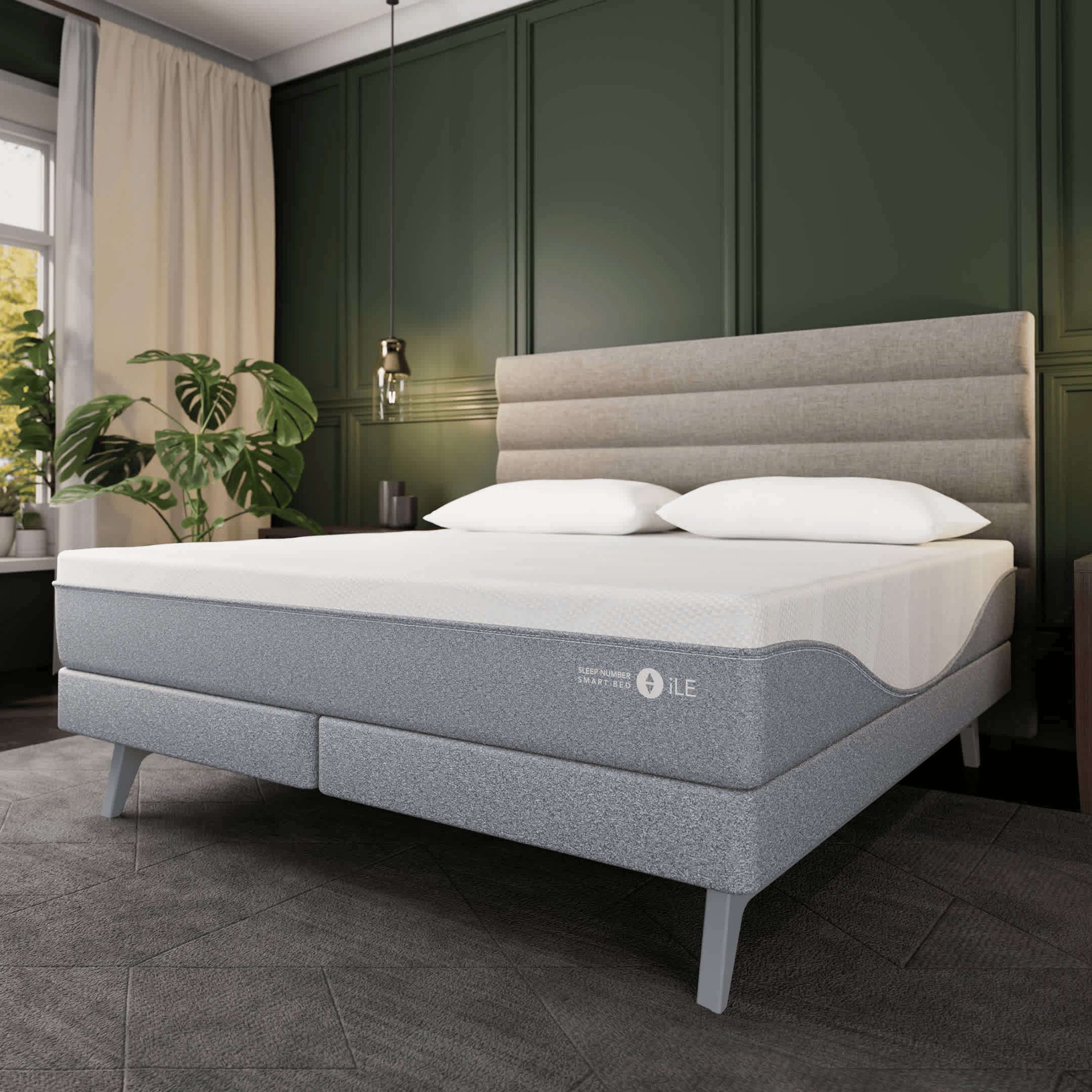 A grey Sleep Number 360 Smart Bed with a modern design and layered mattress is shown in a stylish bedroom with a tufted headboard, potted plant, and dark green walls.