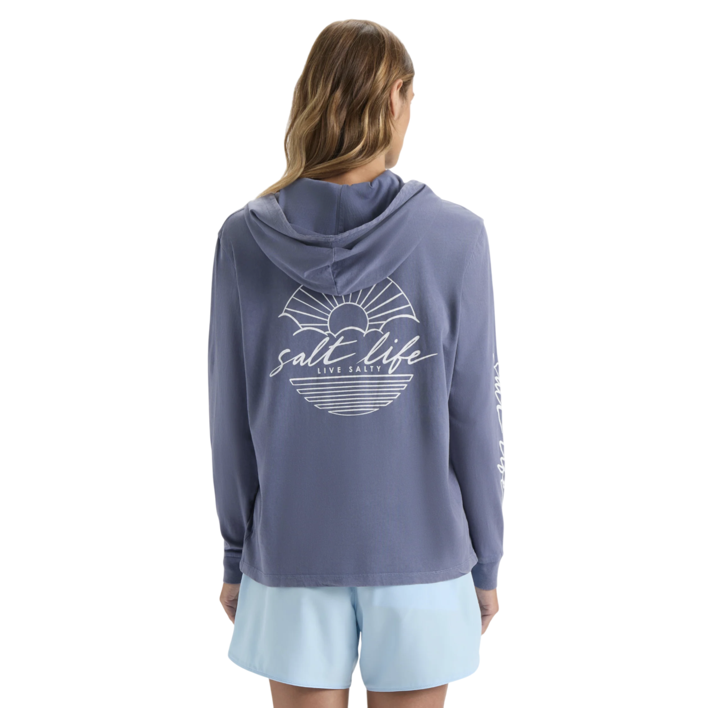 Blue hooded long-sleeve shirt with \“Salt Life Live Salty\“ and sun graphic on the back, paired with light blue shorts.