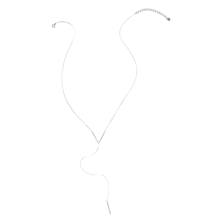 A delicate silver necklace featuring a subtle V-shape design with a long chain drop, finished with a small, adjustable clasp and adorned with Swarovski crystals for a touch of sparkle.