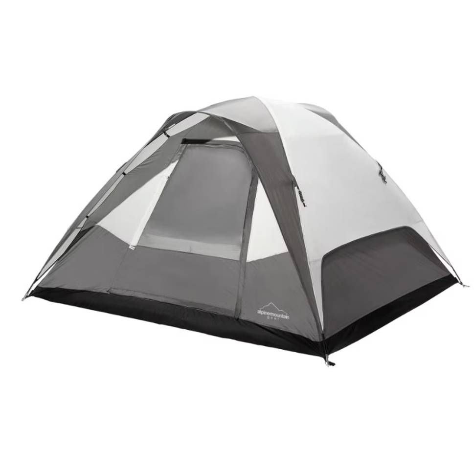 A gray and white dome tent suitable for outdoor camping, featuring mesh windows and a zippered entrance.