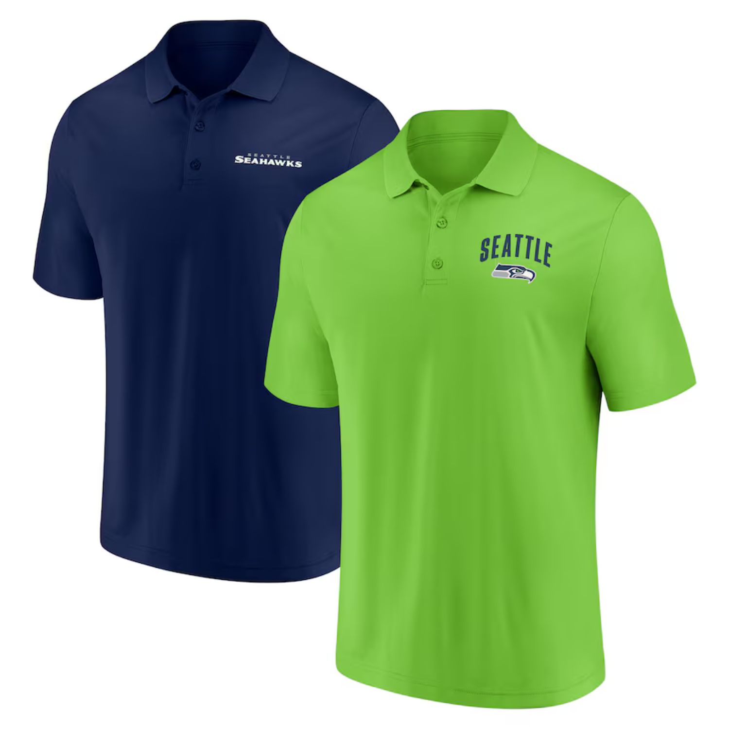 Two polo shirts with Seattle Seahawks logos, one in navy blue and the other in lime green.