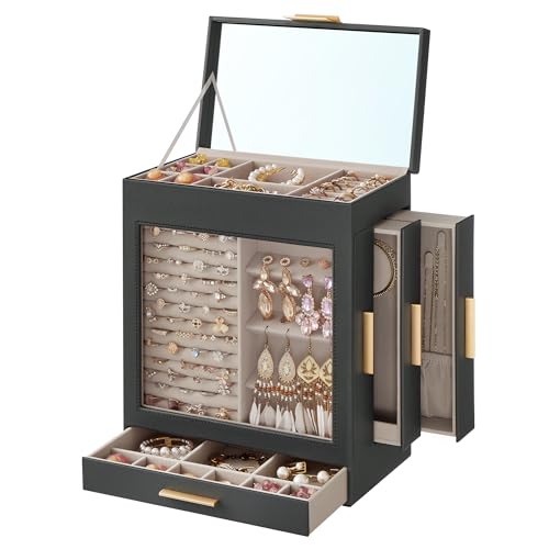 A five-compartment jewelry organizer with a mirrored lid, side doors for necklaces, and pull-out drawers, designed in a dark color with golden handles.