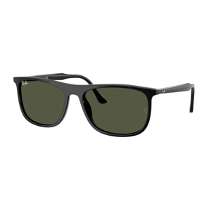 Black sunglasses with a sleek rectangular frame and dark green lenses, featuring the Ray-Ban logo on the lens and temple.