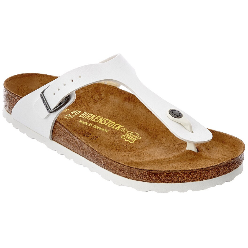 White Birkenstock Gizeh Birko-Flor sandals feature a thong-style strap with an adjustable buckle, contoured cork footbed, and a soft suede lining for comfort.