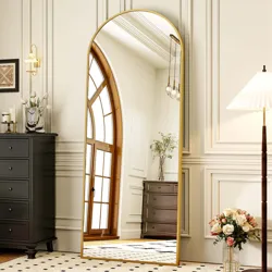A tall, arched mirror with a gold frame reflects an elegant room with a window, black chest of drawers, and a vase with flowers. A floor lamp and vase of flowers are next to the mirror on patterned carpeting.