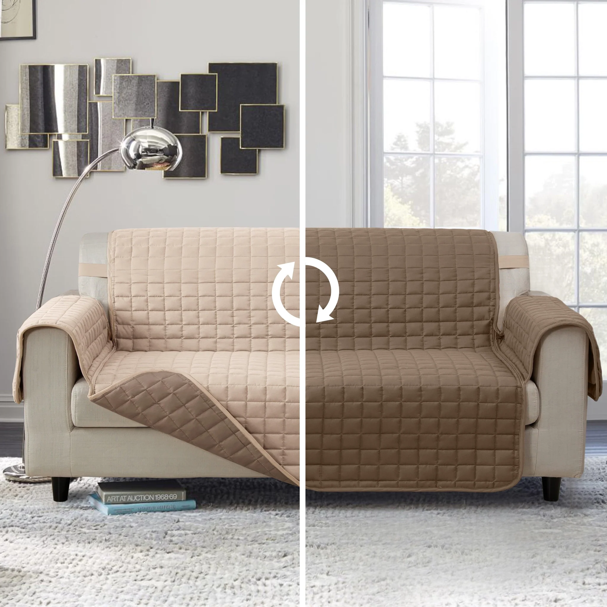 A reversible quilted sofa cover is shown, illustrating two color options—light beige on the left and darker brown on the right—demonstrating its dual functionality and color versatility.