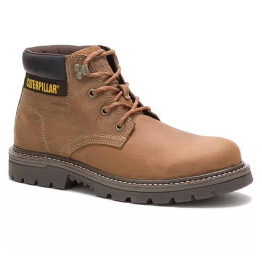 Caterpillar brown leather ankle boot with lace-up design, stitched detailing, padded collar, and a rugged sole for durability.