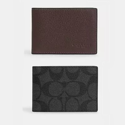 Two wallets: top is solid brown, bottom features a black monogram pattern.