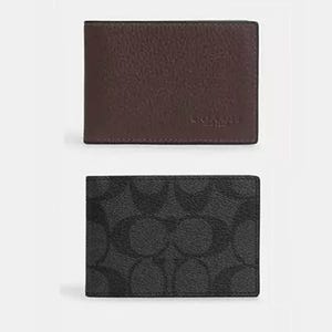 Two wallets: top is solid brown, bottom features a black monogram pattern.