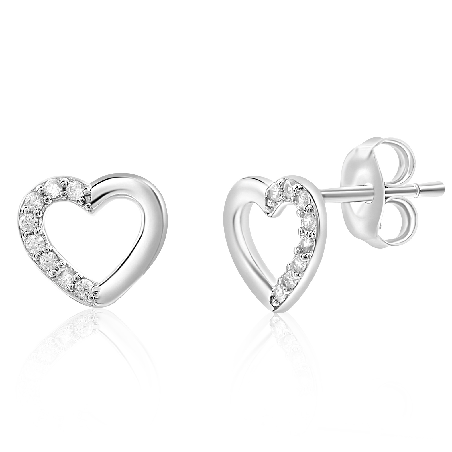 Heart-shaped earrings with partial encrusted stones on a silver setting.