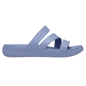 A light blue Crocs sandal with two wide straps and an embossed logo.