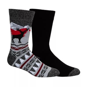 Two pairs of Columbia Men's Thermal Socks: one with a winter-themed pattern featuring a reindeer and geometric designs in gray and red, and a solid black pair.