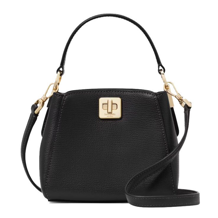 The Kate Spade Phoebe Leather Crossbody is a black leather handbag with a top handle, detachable strap, and gold-tone turn-lock closure.