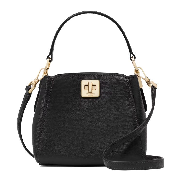 The Kate Spade Phoebe Leather Crossbody is a black leather handbag with a top handle, detachable strap, and gold-tone turn-lock closure.