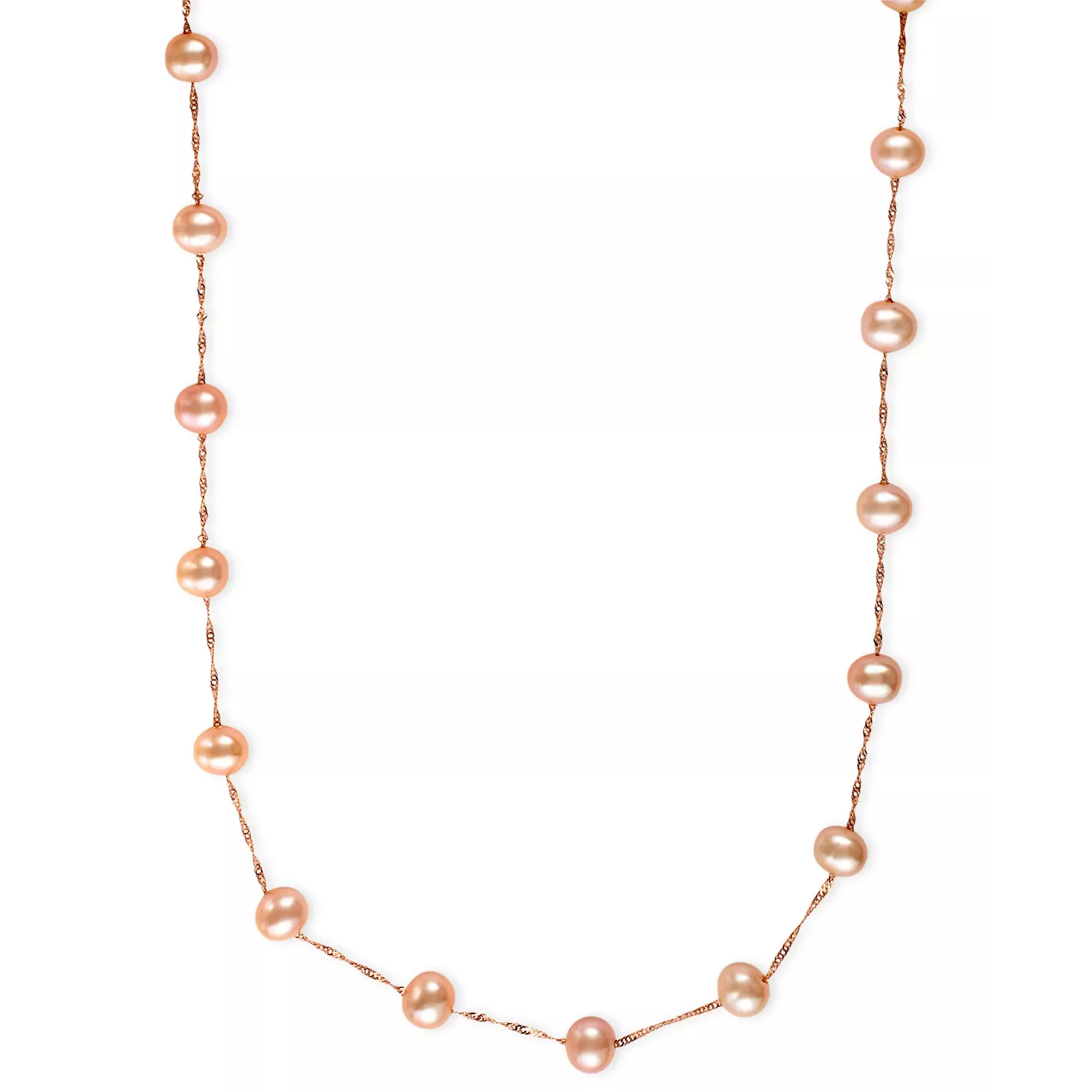 A necklace featuring pink freshwater cultured pearls spaced along a delicate rose-colored chain.