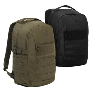 A 2-pack set of tactical-style backpacks, one in olive green and the other in black, featuring multiple exterior pockets, MOLLE webbing, and top carry handles.